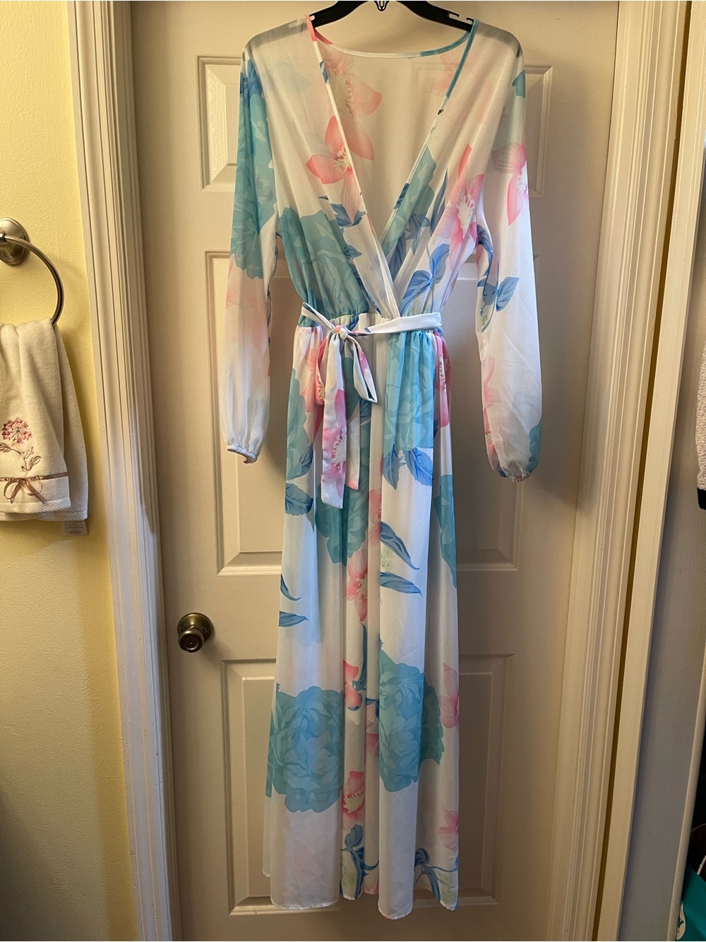Long Floral Women’s Maxi Dress in White with Blue & Pink